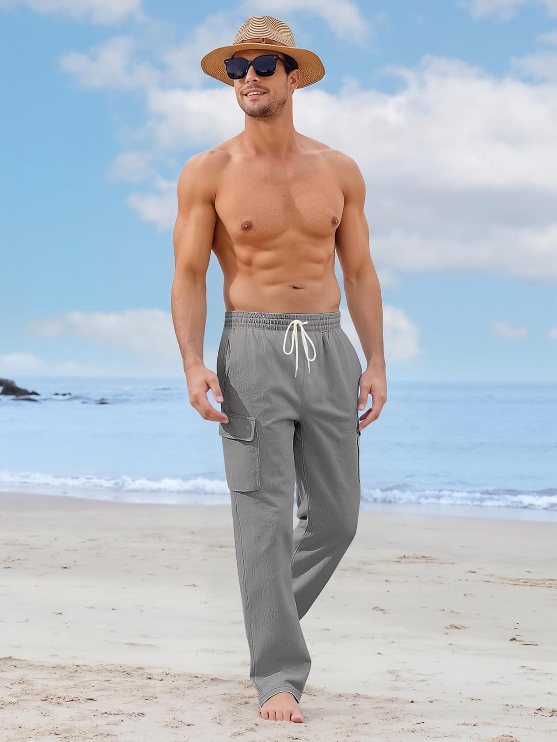 imageMens Linen Pants Casual Cargo Pants with Pockets Lightweight Elastic Waist Drawstring Pants Baggy Beach PantsGrey