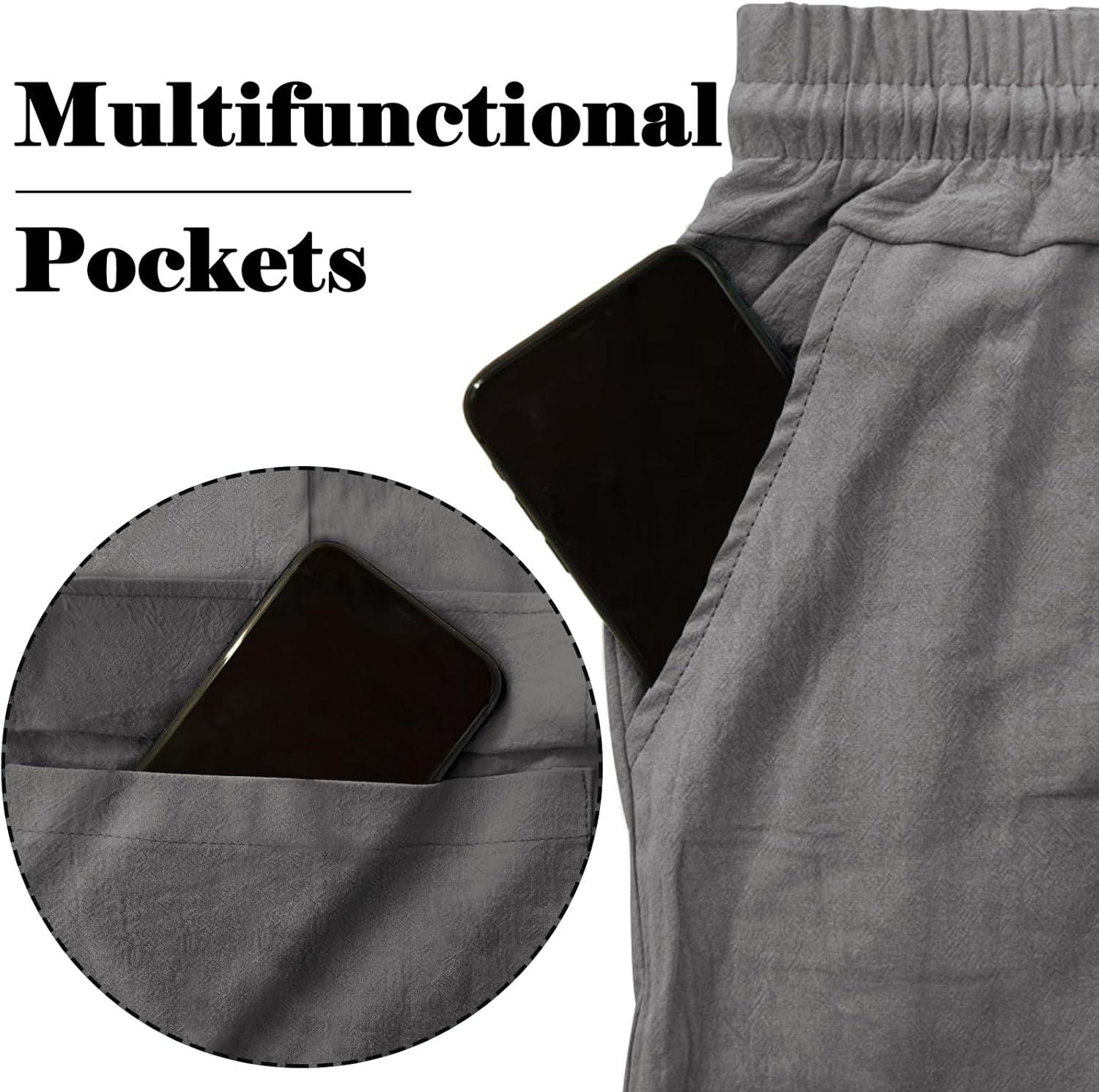 imageMens Linen Pants Casual Cargo Pants with Pockets Lightweight Elastic Waist Drawstring Pants Baggy Beach PantsGrey