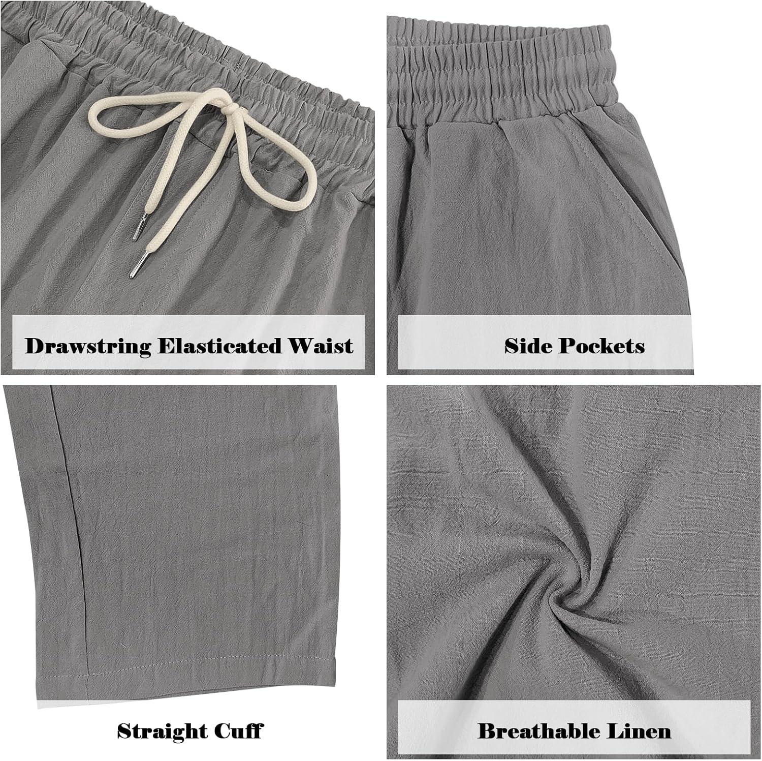 imageMens Linen Pants Casual Cargo Pants with Pockets Lightweight Elastic Waist Drawstring Pants Baggy Beach PantsGrey