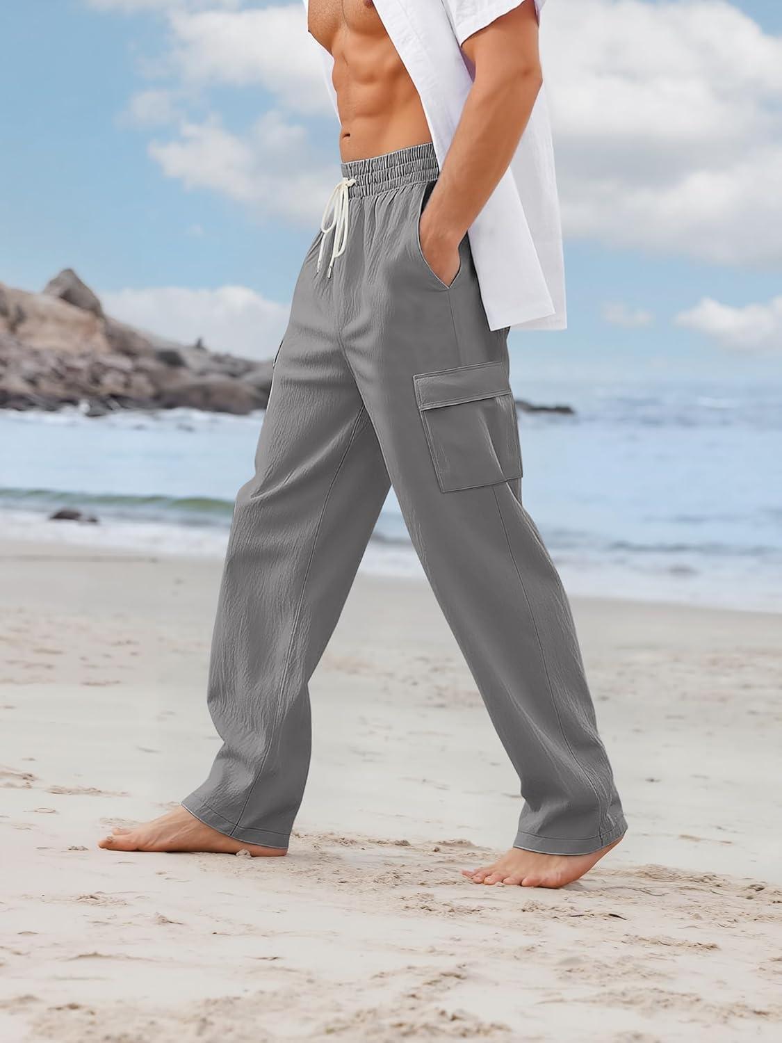 imageMens Linen Pants Casual Cargo Pants with Pockets Lightweight Elastic Waist Drawstring Pants Baggy Beach PantsGrey