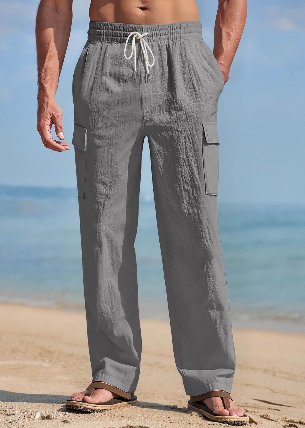 imageMens Linen Pants Casual Cargo Pants with Pockets Lightweight Elastic Waist Drawstring Pants Baggy Beach PantsGrey