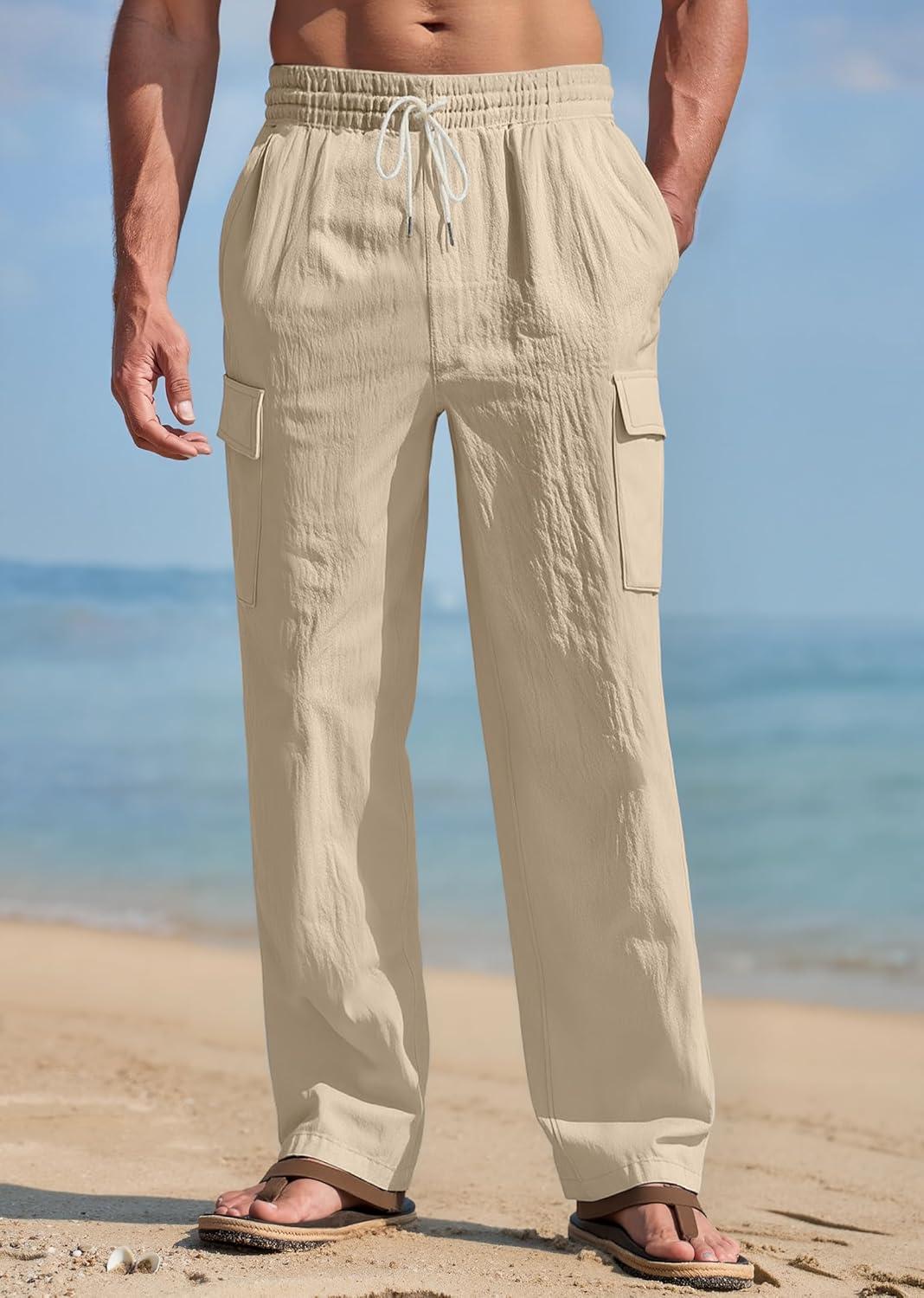 imageMens Linen Pants Casual Cargo Pants with Pockets Lightweight Elastic Waist Drawstring Pants Baggy Beach PantsKhaki