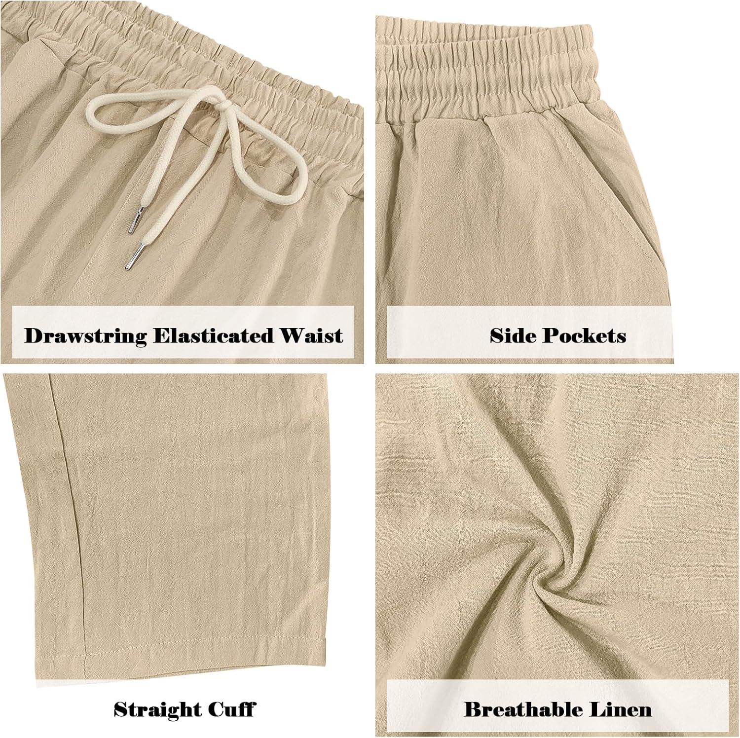 imageMens Linen Pants Casual Cargo Pants with Pockets Lightweight Elastic Waist Drawstring Pants Baggy Beach PantsKhaki