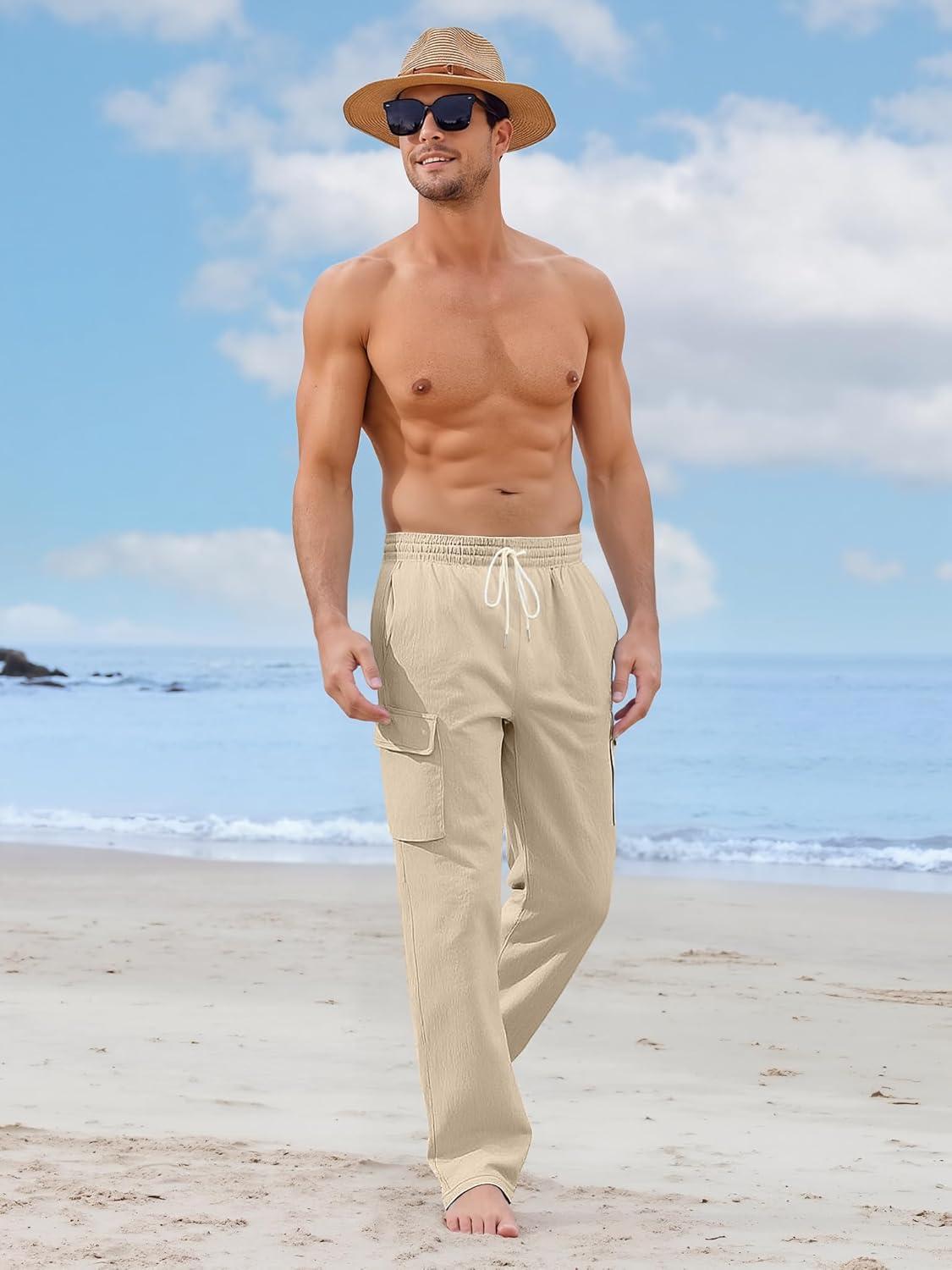 imageMens Linen Pants Casual Cargo Pants with Pockets Lightweight Elastic Waist Drawstring Pants Baggy Beach PantsKhaki
