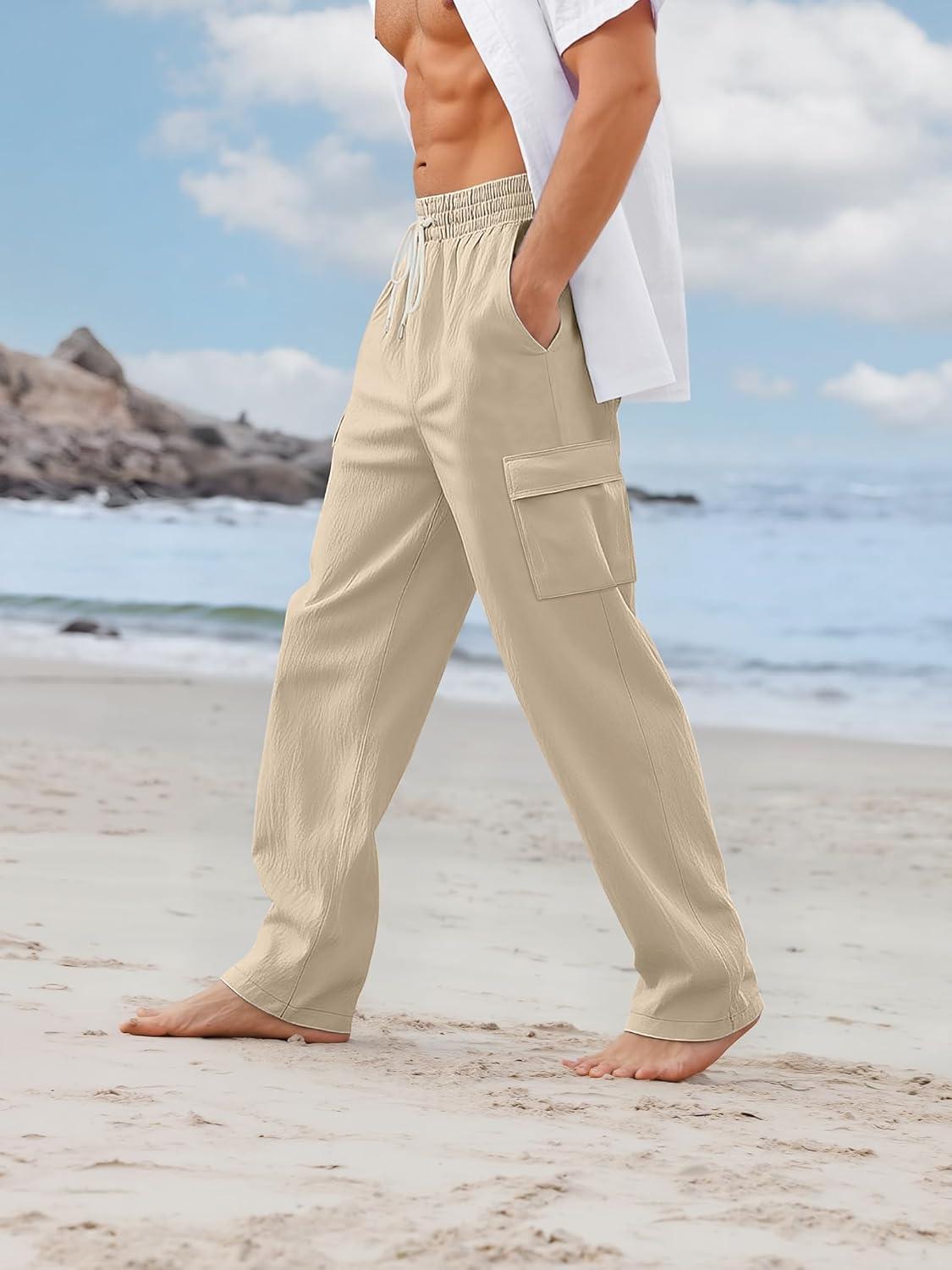 imageMens Linen Pants Casual Cargo Pants with Pockets Lightweight Elastic Waist Drawstring Pants Baggy Beach PantsKhaki