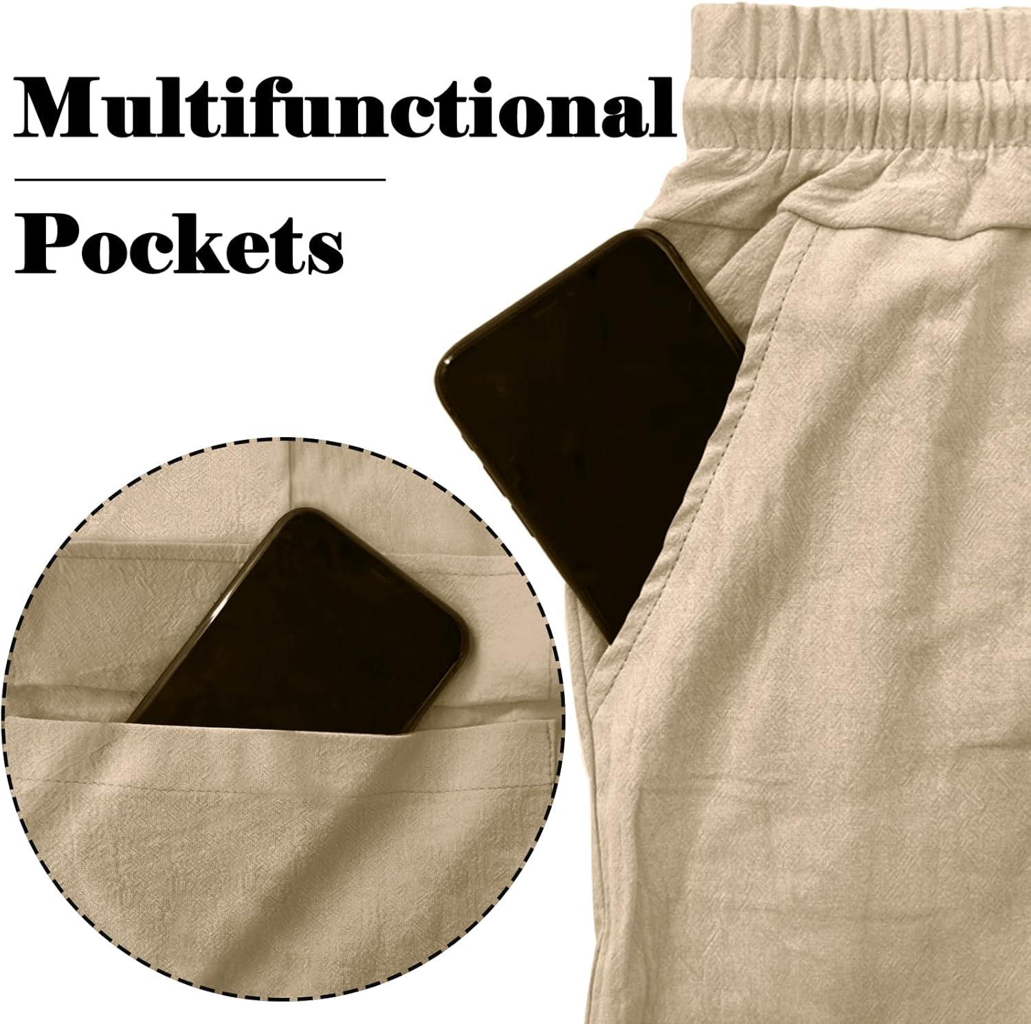 imageMens Linen Pants Casual Cargo Pants with Pockets Lightweight Elastic Waist Drawstring Pants Baggy Beach PantsKhaki