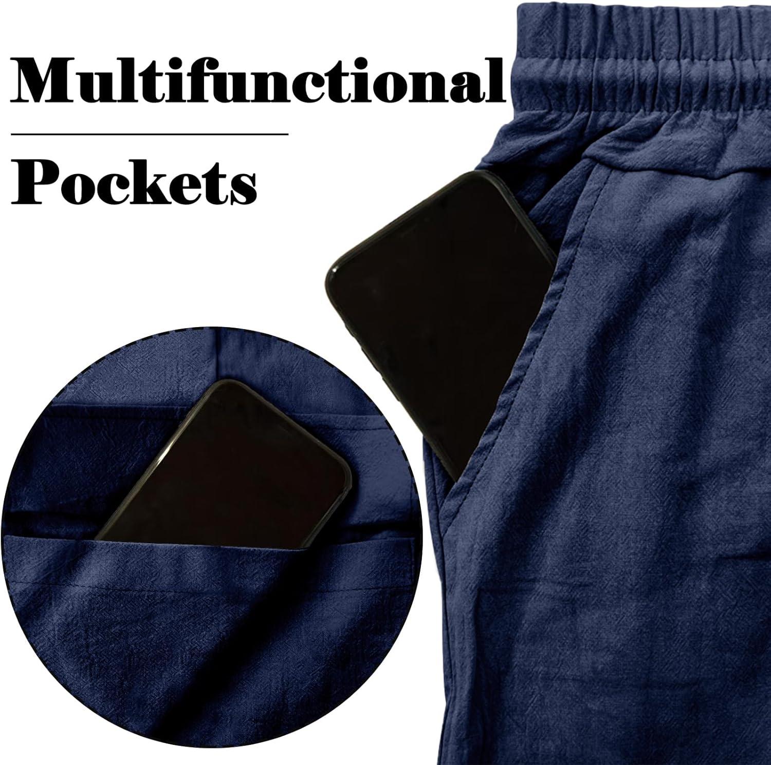 imageMens Linen Pants Casual Cargo Pants with Pockets Lightweight Elastic Waist Drawstring Pants Baggy Beach PantsNavy