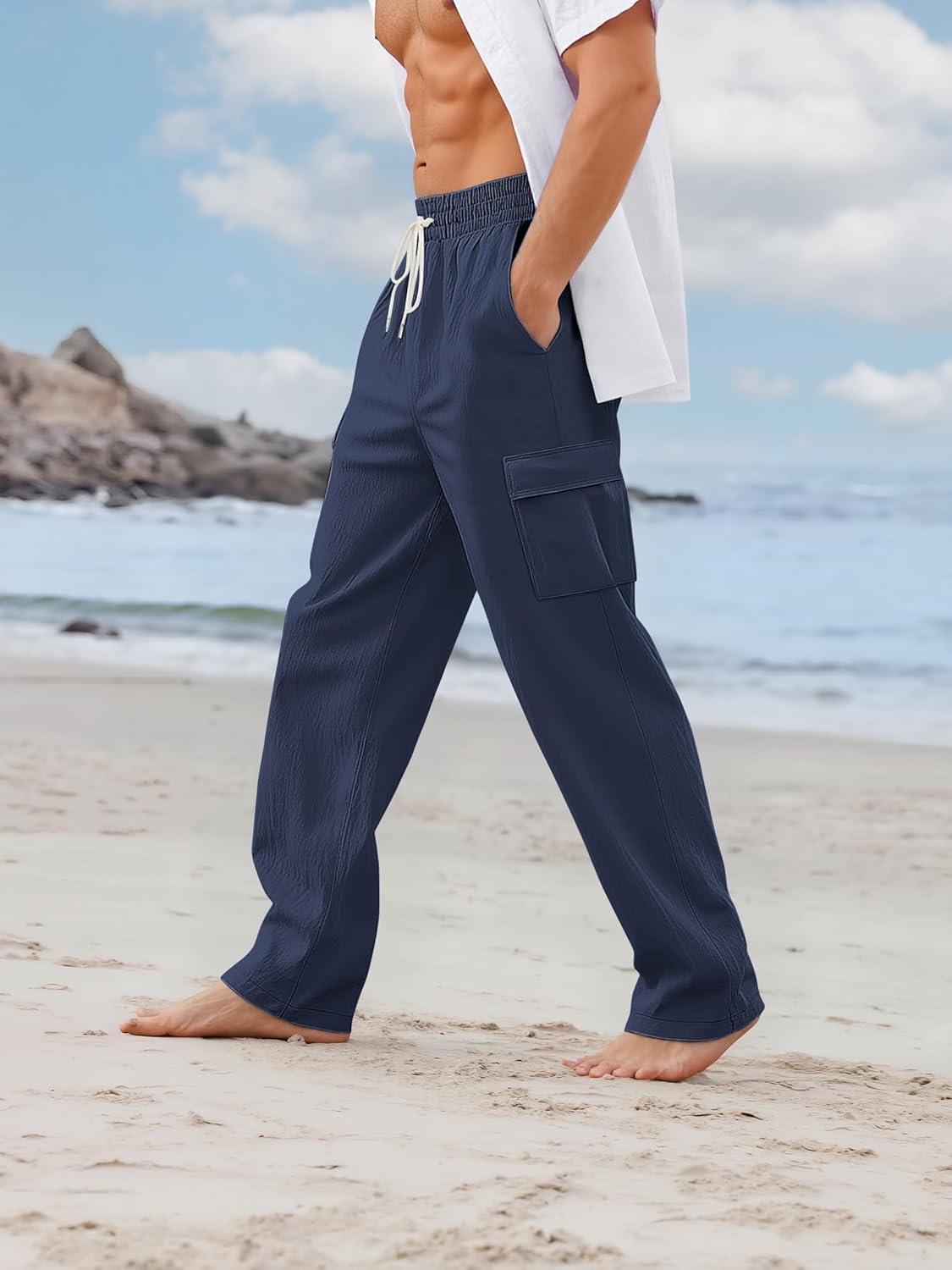 imageMens Linen Pants Casual Cargo Pants with Pockets Lightweight Elastic Waist Drawstring Pants Baggy Beach PantsNavy