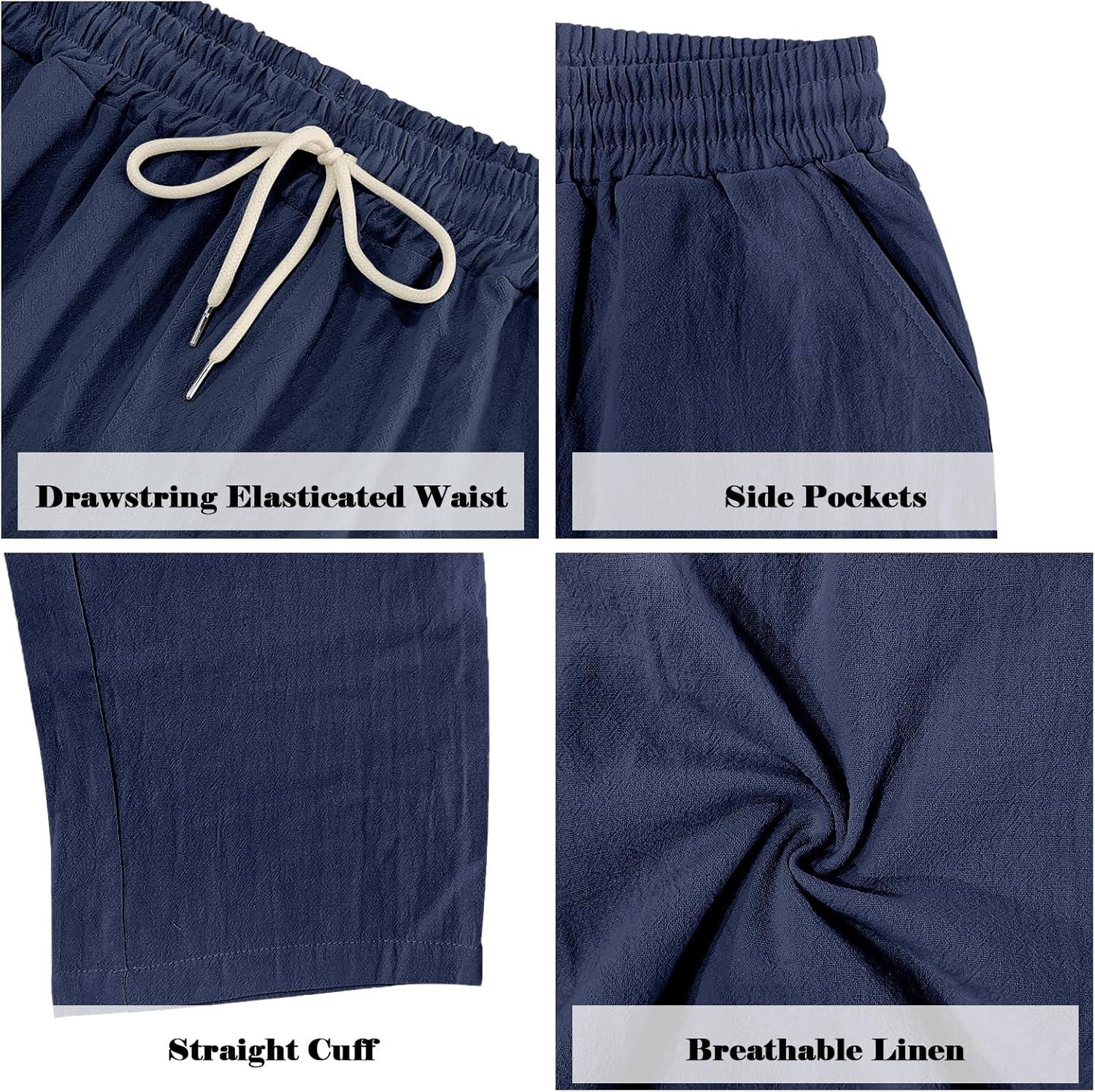 imageMens Linen Pants Casual Cargo Pants with Pockets Lightweight Elastic Waist Drawstring Pants Baggy Beach PantsNavy