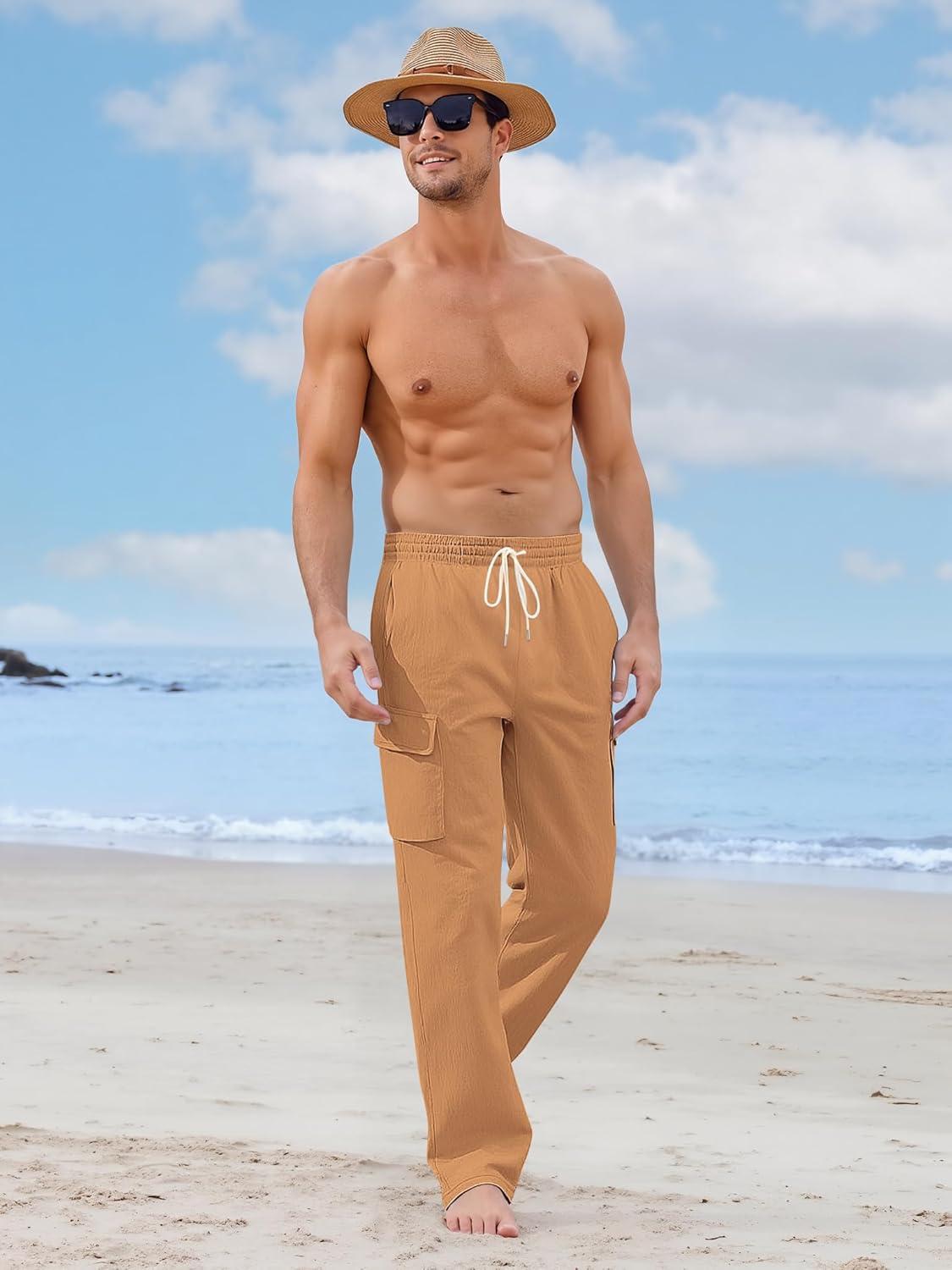 imageMens Linen Pants Casual Cargo Pants with Pockets Lightweight Elastic Waist Drawstring Pants Baggy Beach PantsTerrestrial Yellow