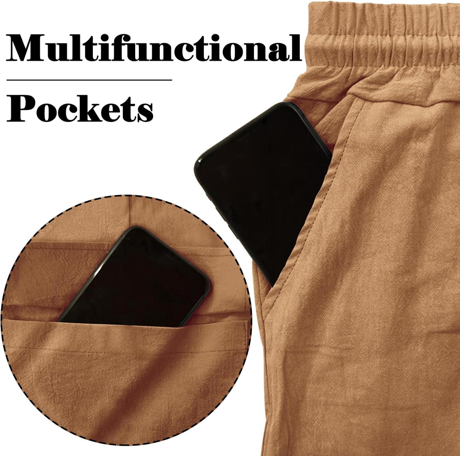 imageMens Linen Pants Casual Cargo Pants with Pockets Lightweight Elastic Waist Drawstring Pants Baggy Beach PantsTerrestrial Yellow