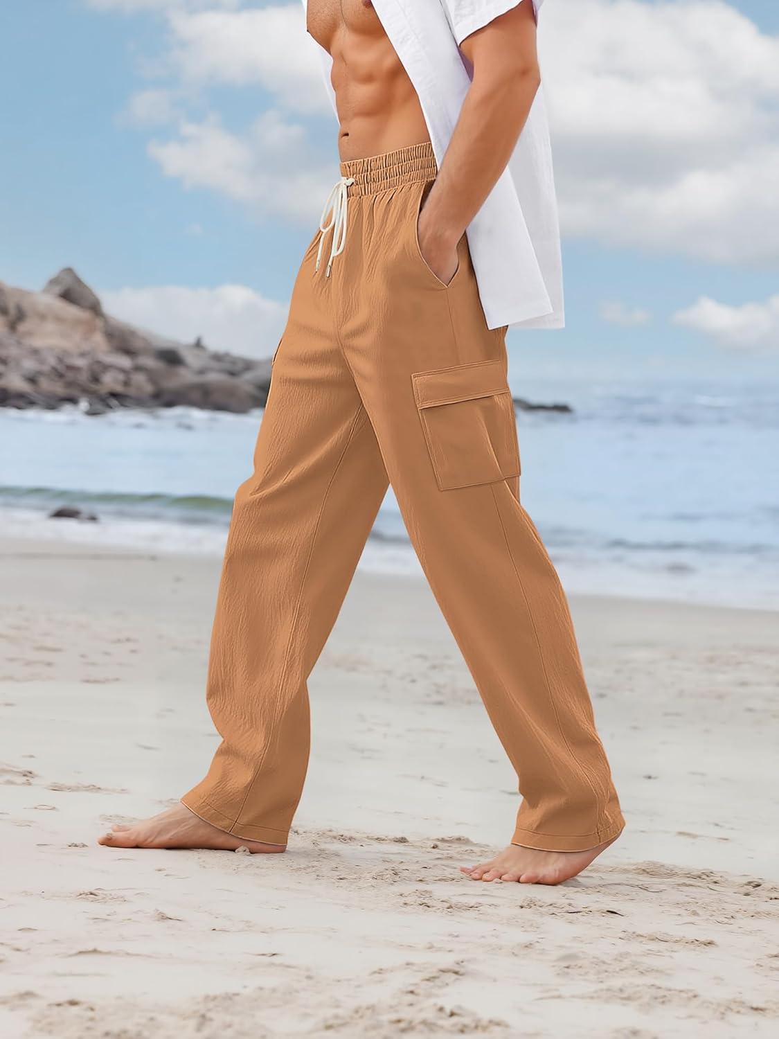 imageMens Linen Pants Casual Cargo Pants with Pockets Lightweight Elastic Waist Drawstring Pants Baggy Beach PantsTerrestrial Yellow