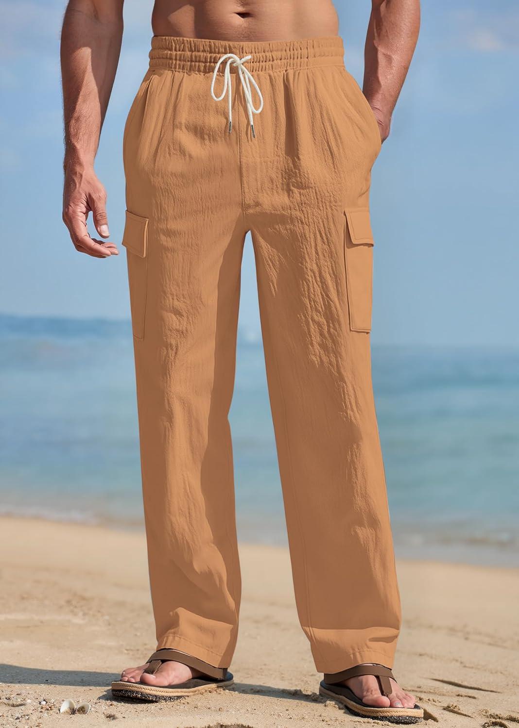 imageMens Linen Pants Casual Cargo Pants with Pockets Lightweight Elastic Waist Drawstring Pants Baggy Beach PantsTerrestrial Yellow