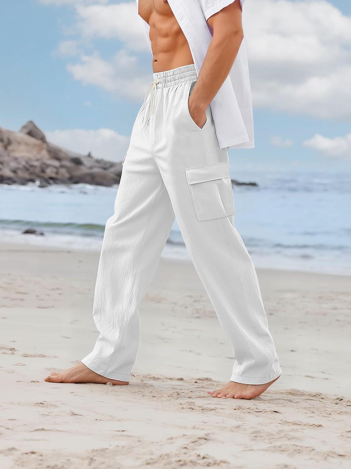 imageMens Linen Pants Casual Cargo Pants with Pockets Lightweight Elastic Waist Drawstring Pants Baggy Beach PantsWhite