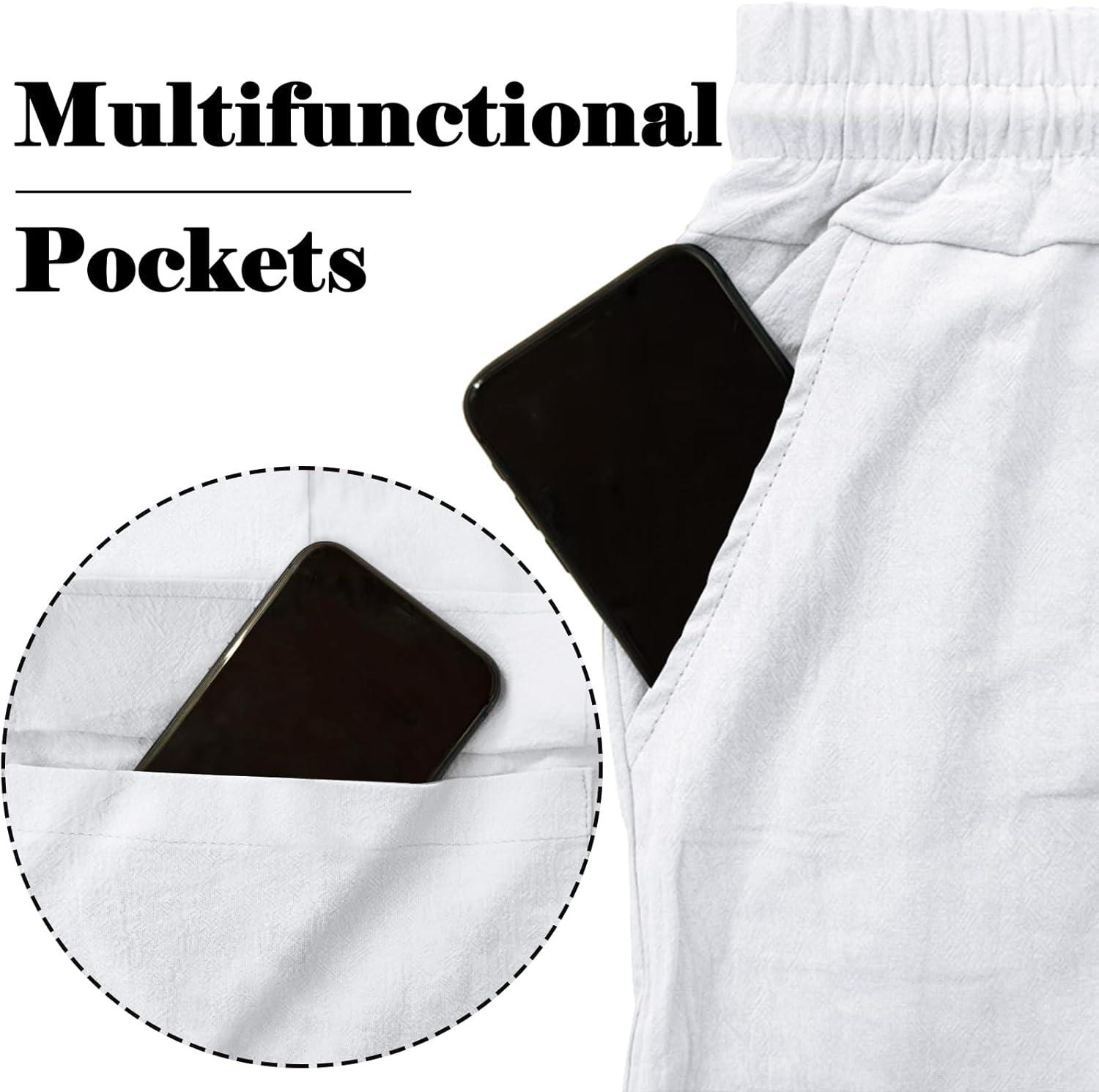 imageMens Linen Pants Casual Cargo Pants with Pockets Lightweight Elastic Waist Drawstring Pants Baggy Beach PantsWhite