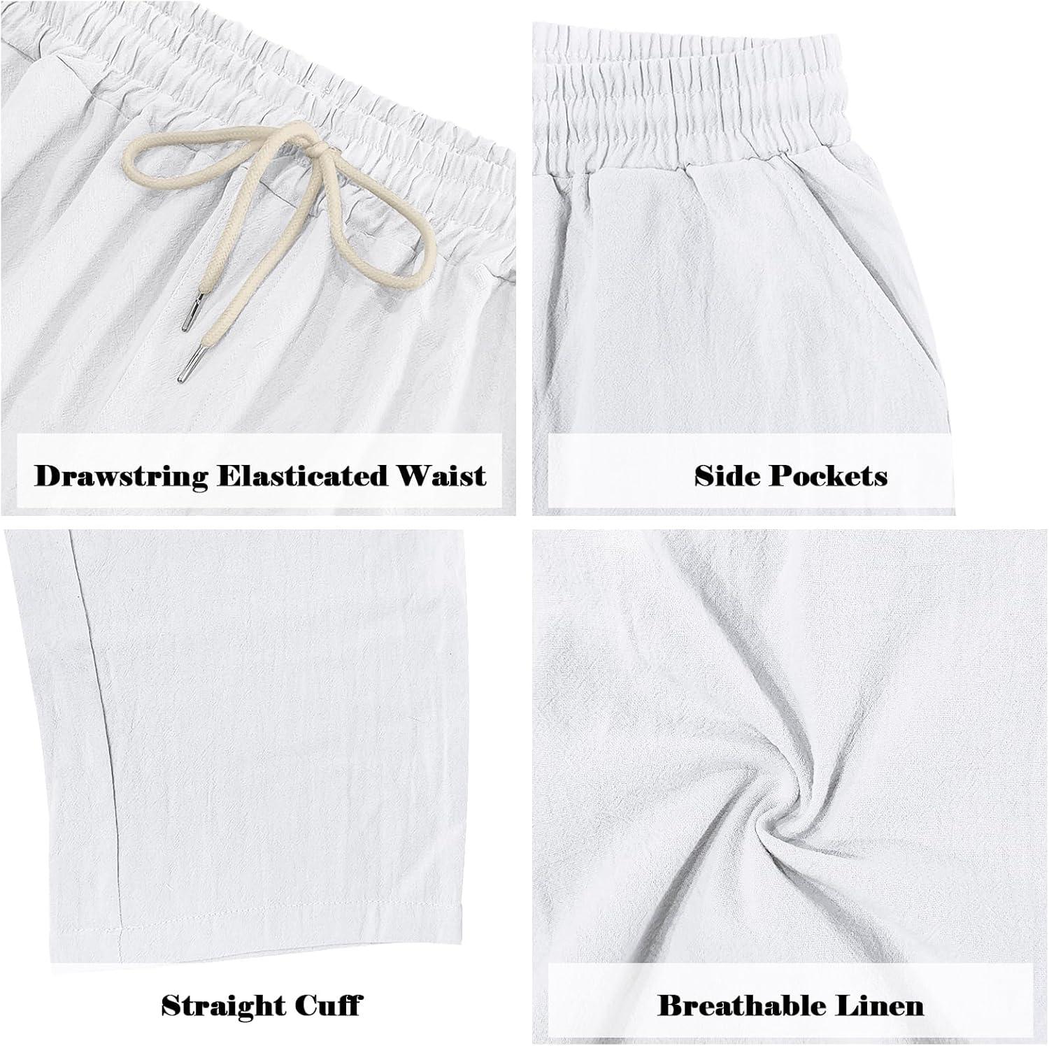 imageMens Linen Pants Casual Cargo Pants with Pockets Lightweight Elastic Waist Drawstring Pants Baggy Beach PantsWhite