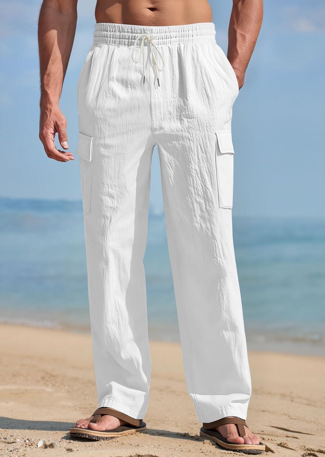 imageMens Linen Pants Casual Cargo Pants with Pockets Lightweight Elastic Waist Drawstring Pants Baggy Beach PantsWhite