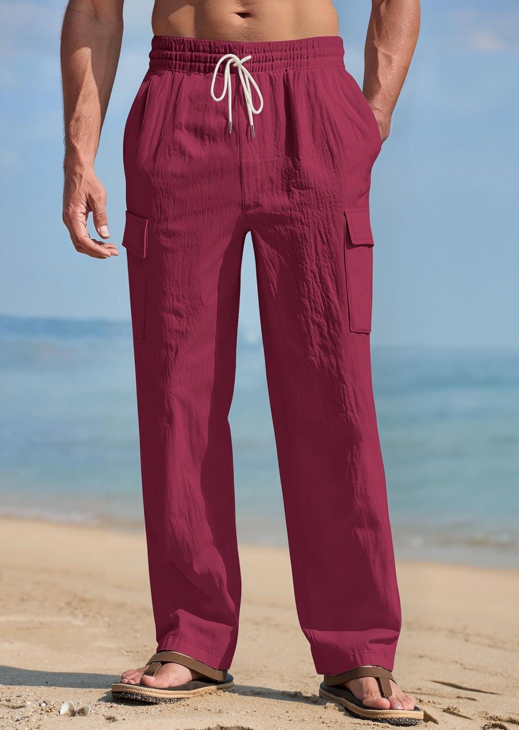 imageMens Linen Pants Casual Cargo Pants with Pockets Lightweight Elastic Waist Drawstring Pants Baggy Beach PantsWine Red