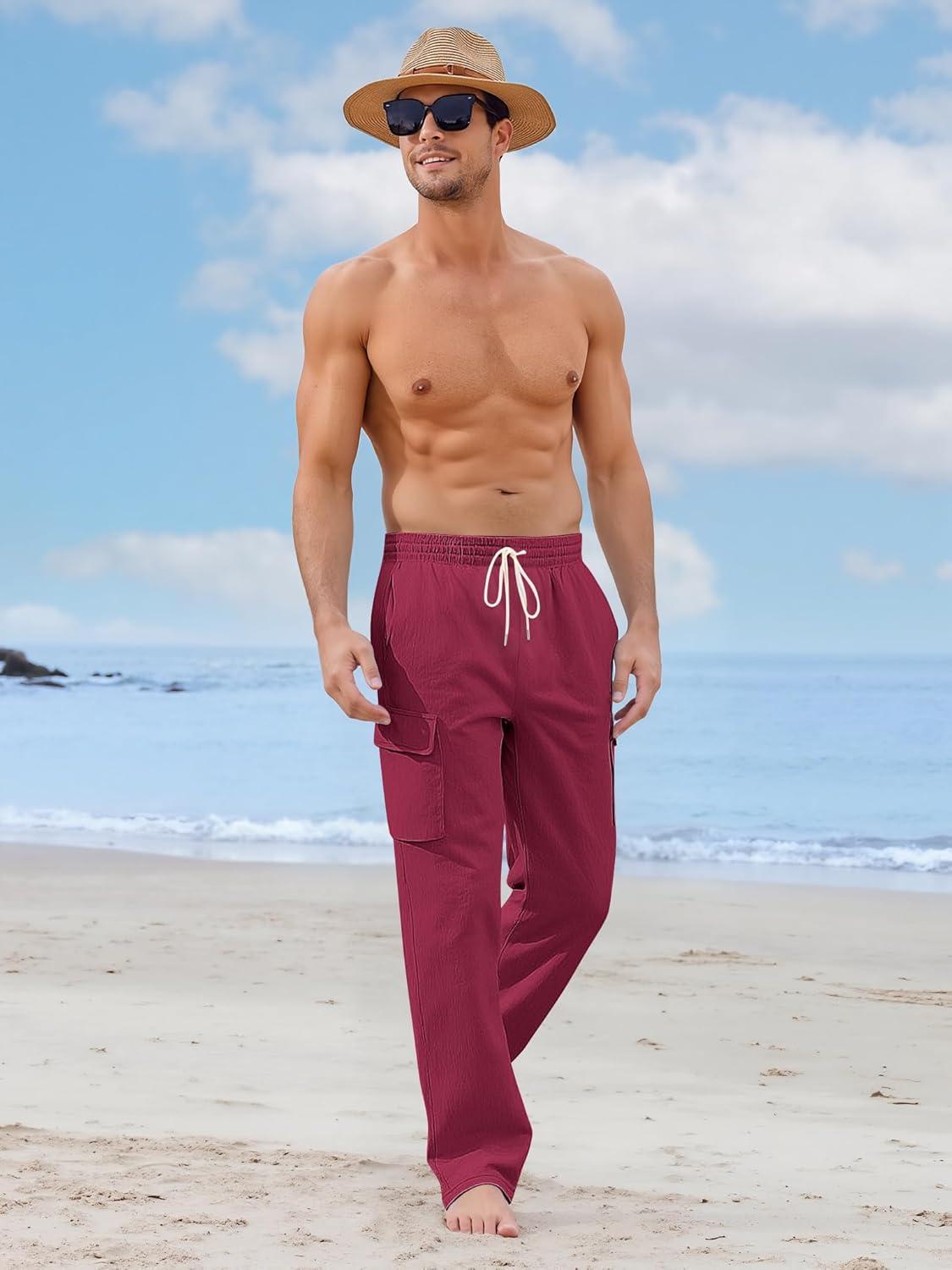 imageMens Linen Pants Casual Cargo Pants with Pockets Lightweight Elastic Waist Drawstring Pants Baggy Beach PantsWine Red