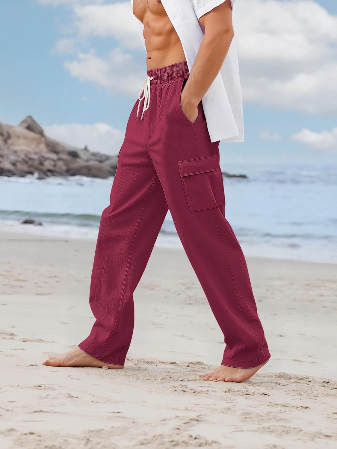 imageMens Linen Pants Casual Cargo Pants with Pockets Lightweight Elastic Waist Drawstring Pants Baggy Beach PantsWine Red