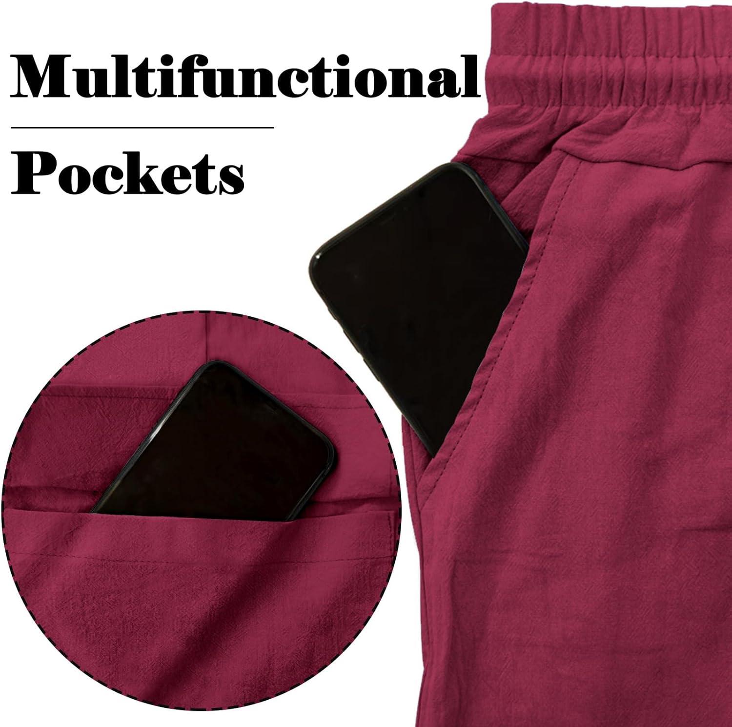 imageMens Linen Pants Casual Cargo Pants with Pockets Lightweight Elastic Waist Drawstring Pants Baggy Beach PantsWine Red
