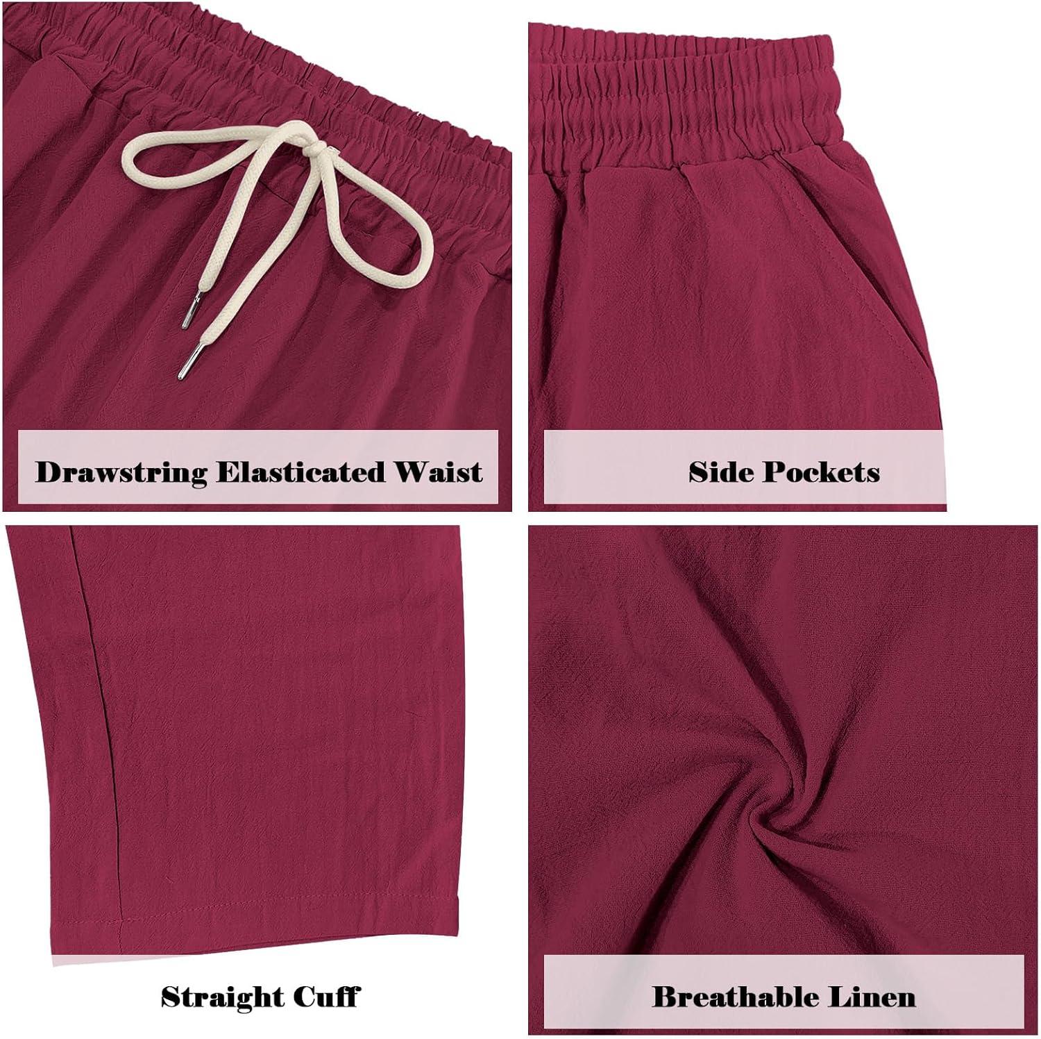 imageMens Linen Pants Casual Cargo Pants with Pockets Lightweight Elastic Waist Drawstring Pants Baggy Beach PantsWine Red