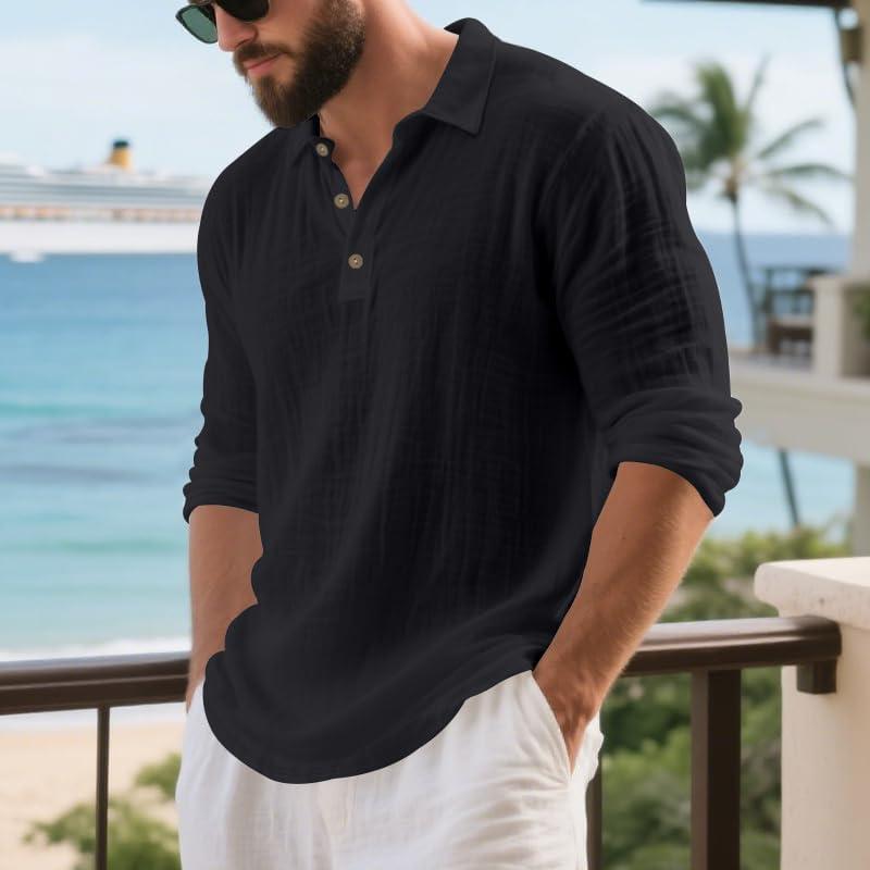 imageMens Linen Polo Shirts Long Sleeve Yoga Tops Casual Summer Hippie Beach TShirtsBlack