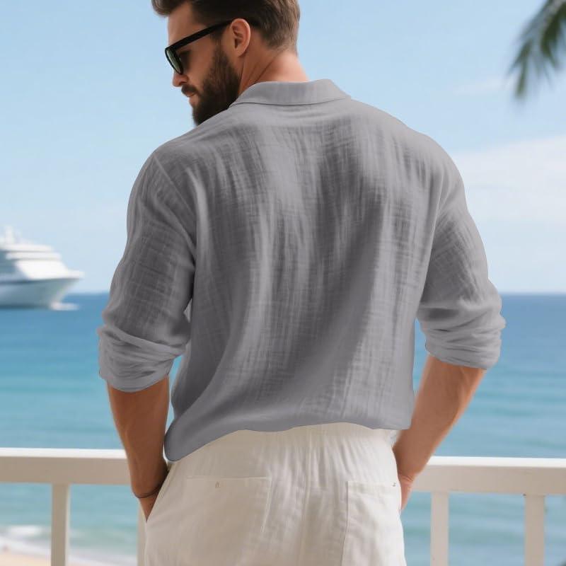 imageMens Linen Polo Shirts Long Sleeve Yoga Tops Casual Summer Hippie Beach TShirtsGrey