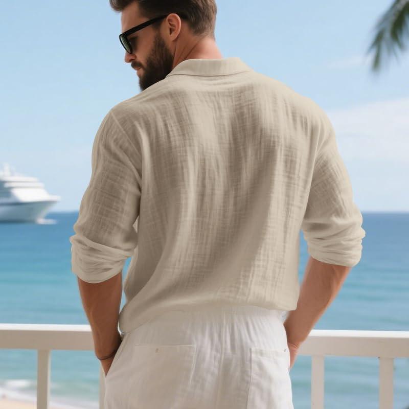 imageMens Linen Polo Shirts Long Sleeve Yoga Tops Casual Summer Hippie Beach TShirtsKahaki
