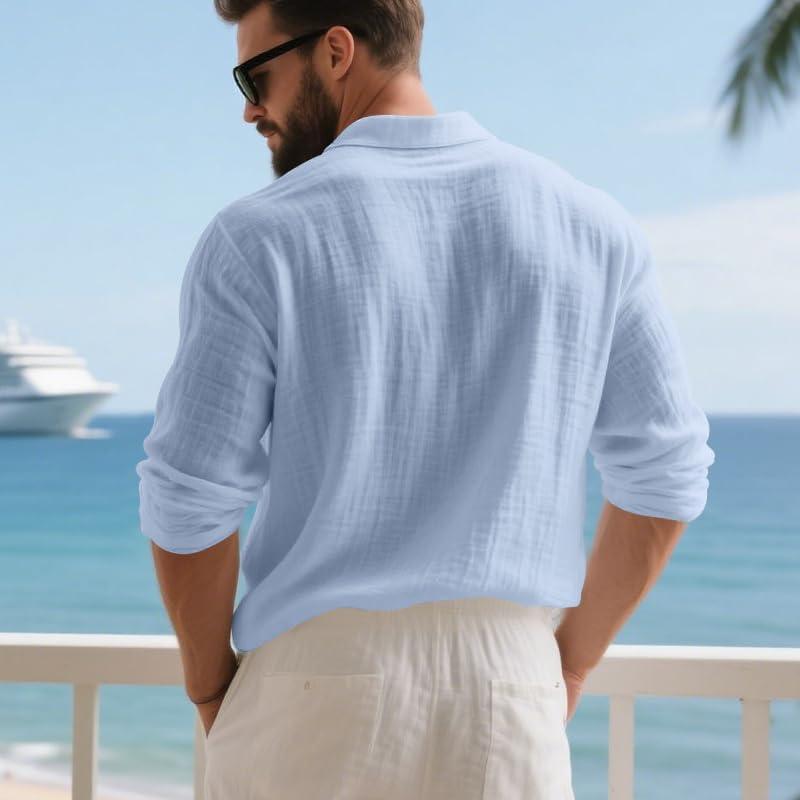 imageMens Linen Polo Shirts Long Sleeve Yoga Tops Casual Summer Hippie Beach TShirtsLight Blue