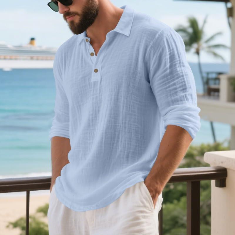 imageMens Linen Polo Shirts Long Sleeve Yoga Tops Casual Summer Hippie Beach TShirtsLight Blue