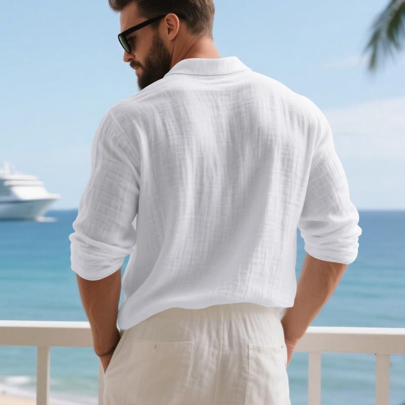 imageMens Linen Polo Shirts Long Sleeve Yoga Tops Casual Summer Hippie Beach TShirtsWhite