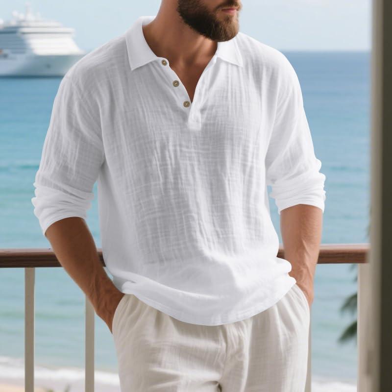 imageMens Linen Polo Shirts Long Sleeve Yoga Tops Casual Summer Hippie Beach TShirtsWhite