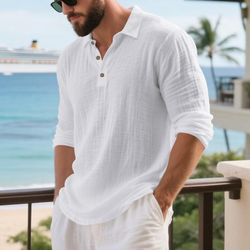 imageMens Linen Polo Shirts Long Sleeve Yoga Tops Casual Summer Hippie Beach TShirtsWhite