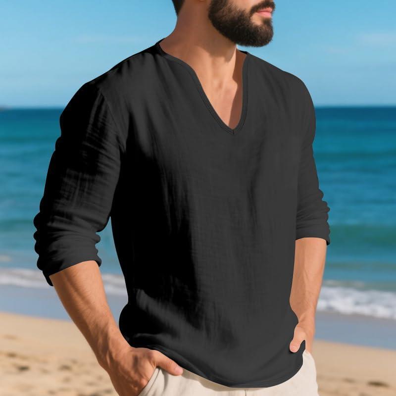 imageMens Linen VNeck Shirts Casual Long Sleeve Hippie Yoga Tops Lightweight Summer Beach ShirtBlack