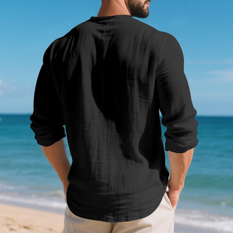 imageMens Linen VNeck Shirts Casual Long Sleeve Hippie Yoga Tops Lightweight Summer Beach ShirtBlack