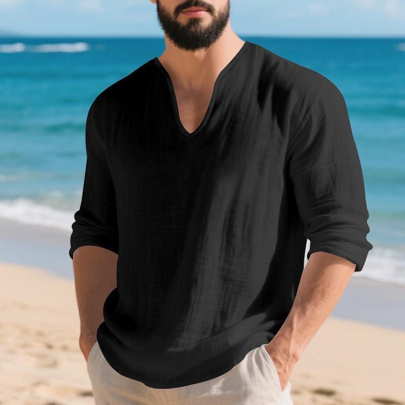 imageMens Linen VNeck Shirts Casual Long Sleeve Hippie Yoga Tops Lightweight Summer Beach ShirtBlack