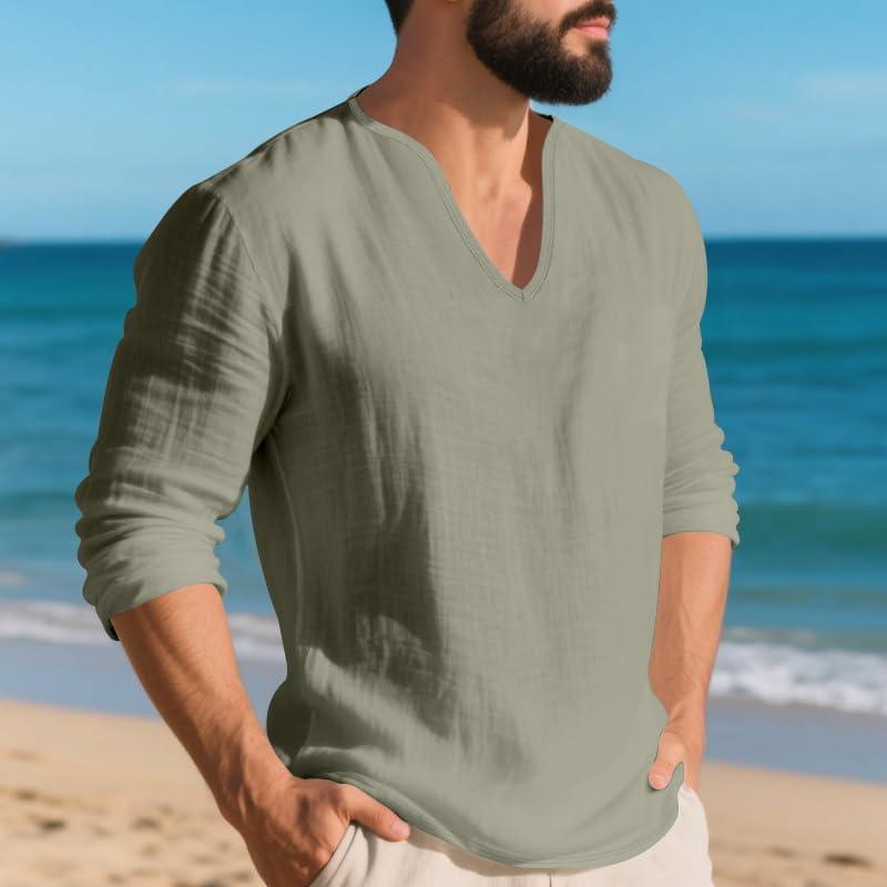 imageMens Linen VNeck Shirts Casual Long Sleeve Hippie Yoga Tops Lightweight Summer Beach ShirtGreen