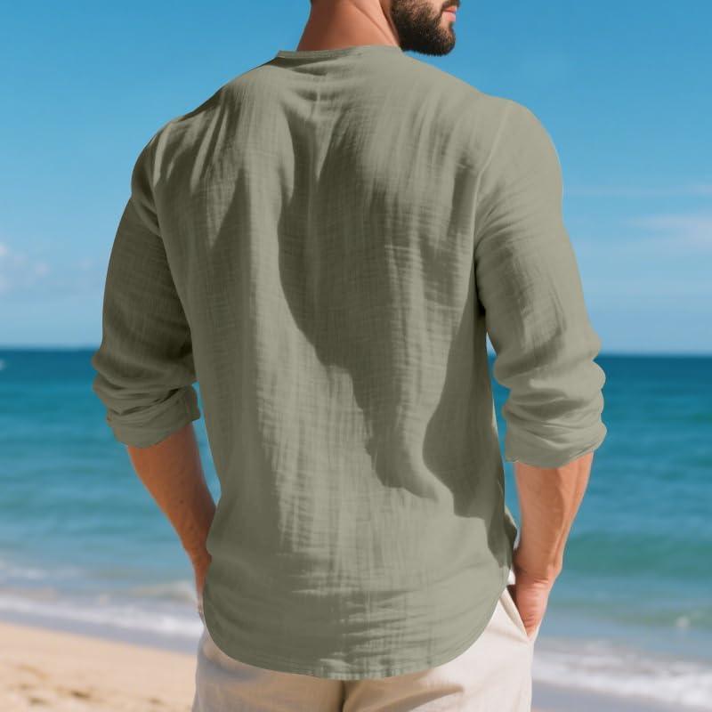 imageMens Linen VNeck Shirts Casual Long Sleeve Hippie Yoga Tops Lightweight Summer Beach ShirtGreen