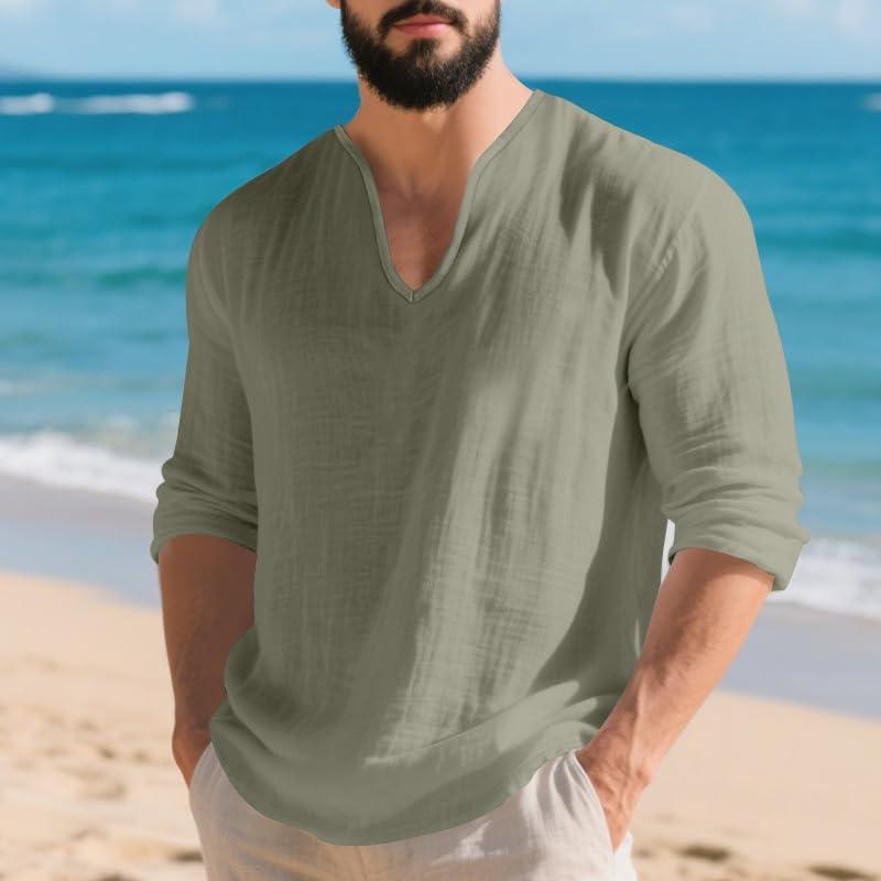 imageMens Linen VNeck Shirts Casual Long Sleeve Hippie Yoga Tops Lightweight Summer Beach ShirtGreen