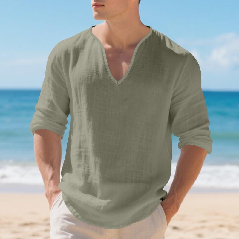 imageMens Linen VNeck Shirts Casual Long Sleeve Hippie Yoga Tops Lightweight Summer Beach ShirtGreen