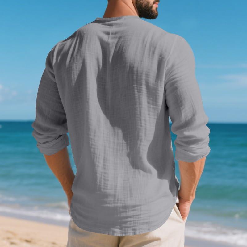 imageMens Linen VNeck Shirts Casual Long Sleeve Hippie Yoga Tops Lightweight Summer Beach ShirtGrey