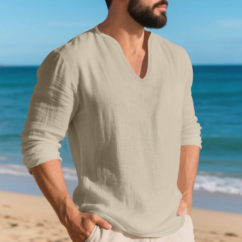 imageMens Linen VNeck Shirts Casual Long Sleeve Hippie Yoga Tops Lightweight Summer Beach ShirtKhaki