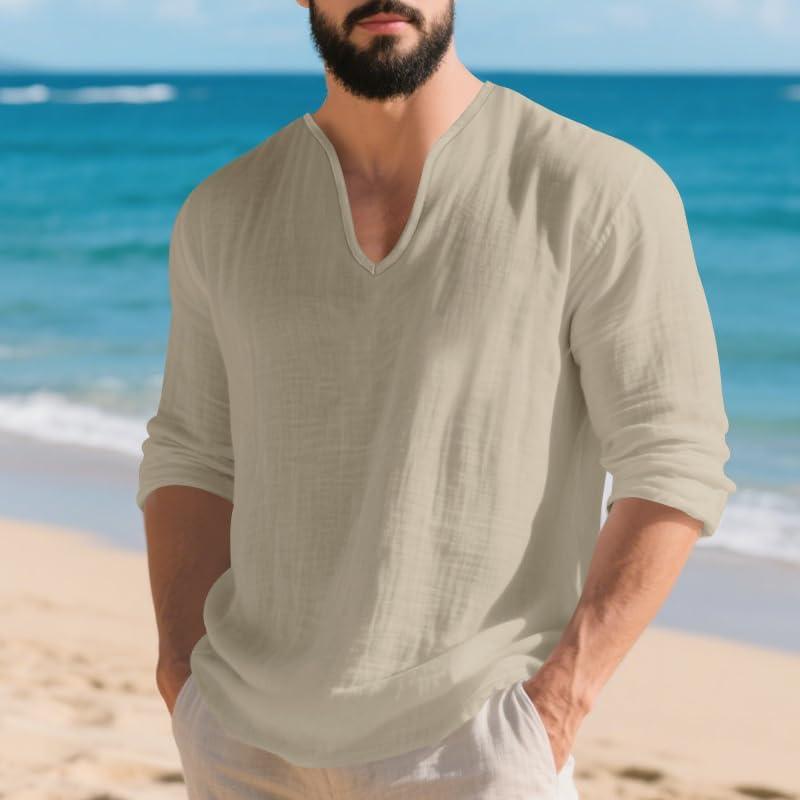 imageMens Linen VNeck Shirts Casual Long Sleeve Hippie Yoga Tops Lightweight Summer Beach ShirtKhaki