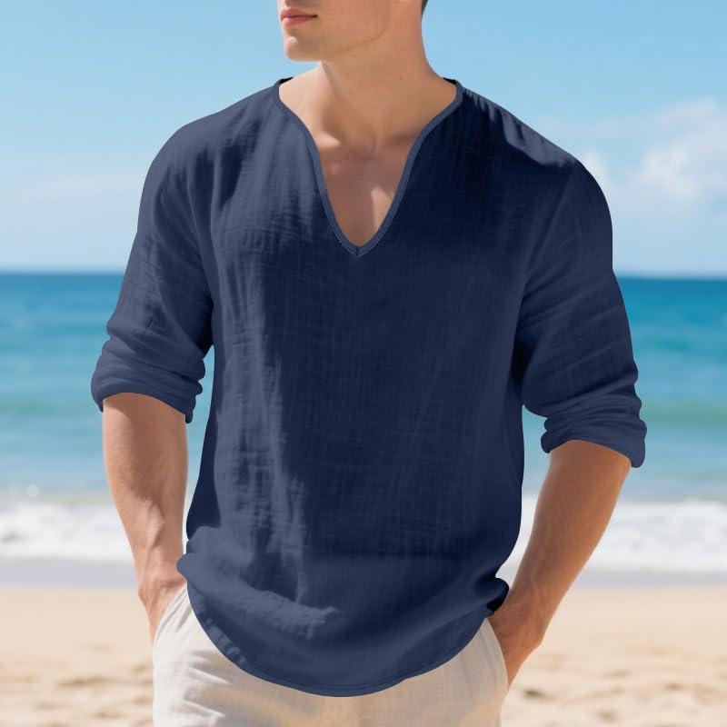 imageMens Linen VNeck Shirts Casual Long Sleeve Hippie Yoga Tops Lightweight Summer Beach ShirtNavy