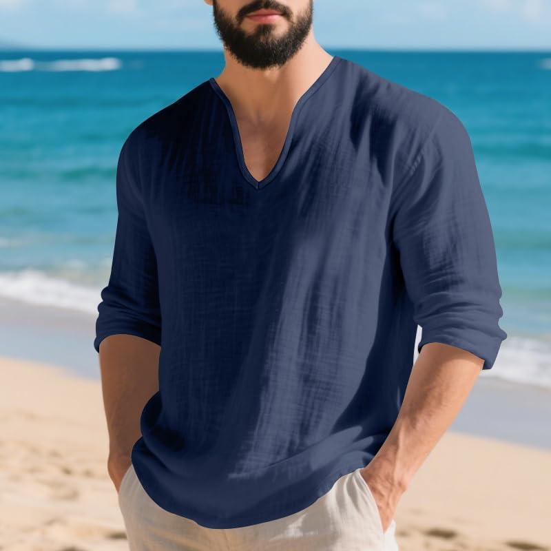 imageMens Linen VNeck Shirts Casual Long Sleeve Hippie Yoga Tops Lightweight Summer Beach ShirtNavy