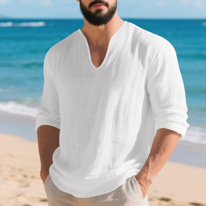 imageMens Linen VNeck Shirts Casual Long Sleeve Hippie Yoga Tops Lightweight Summer Beach ShirtWhite