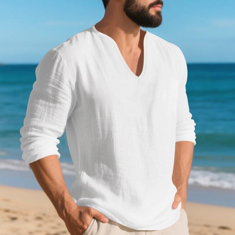 imageMens Linen VNeck Shirts Casual Long Sleeve Hippie Yoga Tops Lightweight Summer Beach ShirtWhite