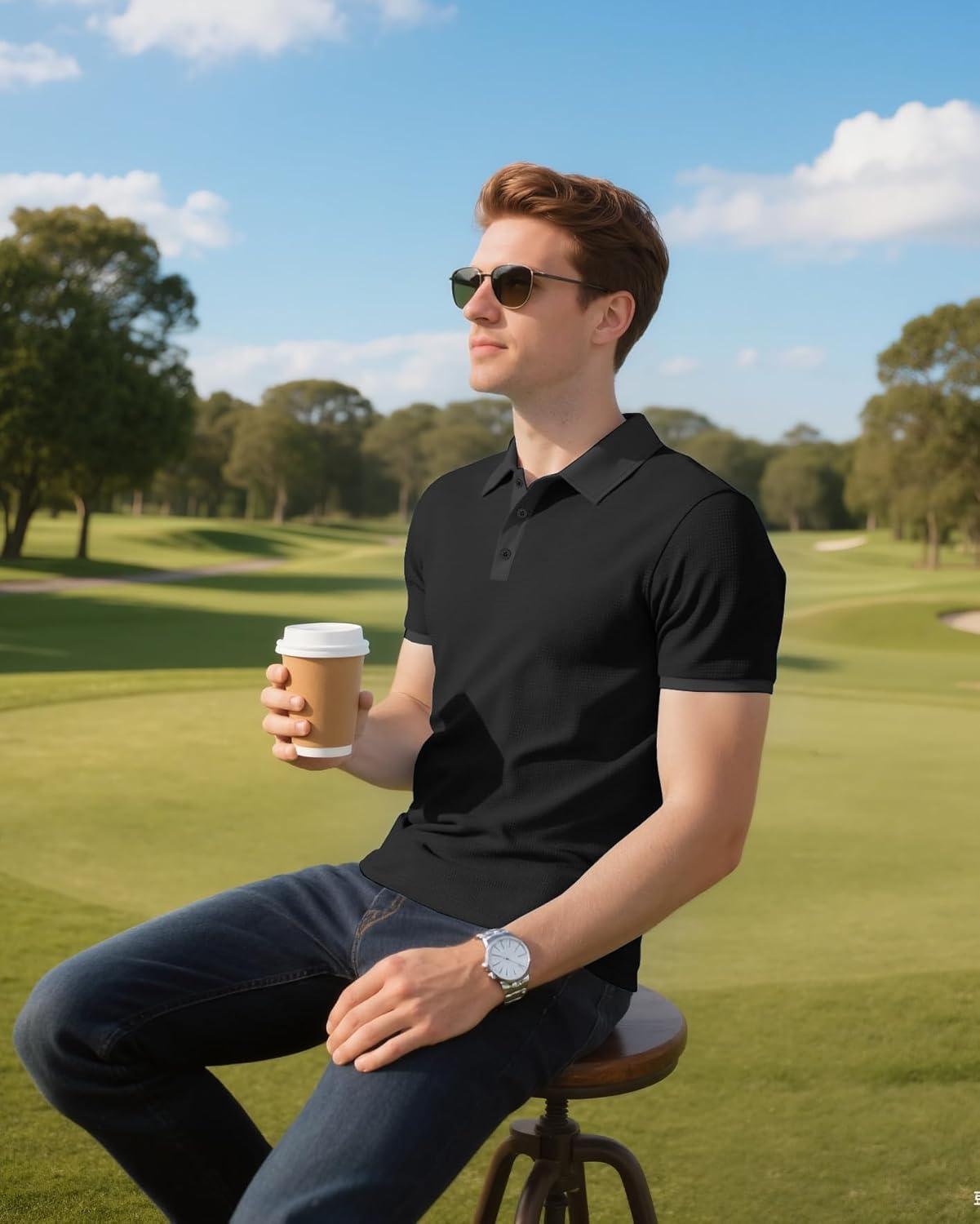 imageMens Polo Shirts 2 Pack Breathable Short Sleeve Golf Shirt Casual Button Down Shirt Lightweight Collared Waffle ShirtsBlackgrey