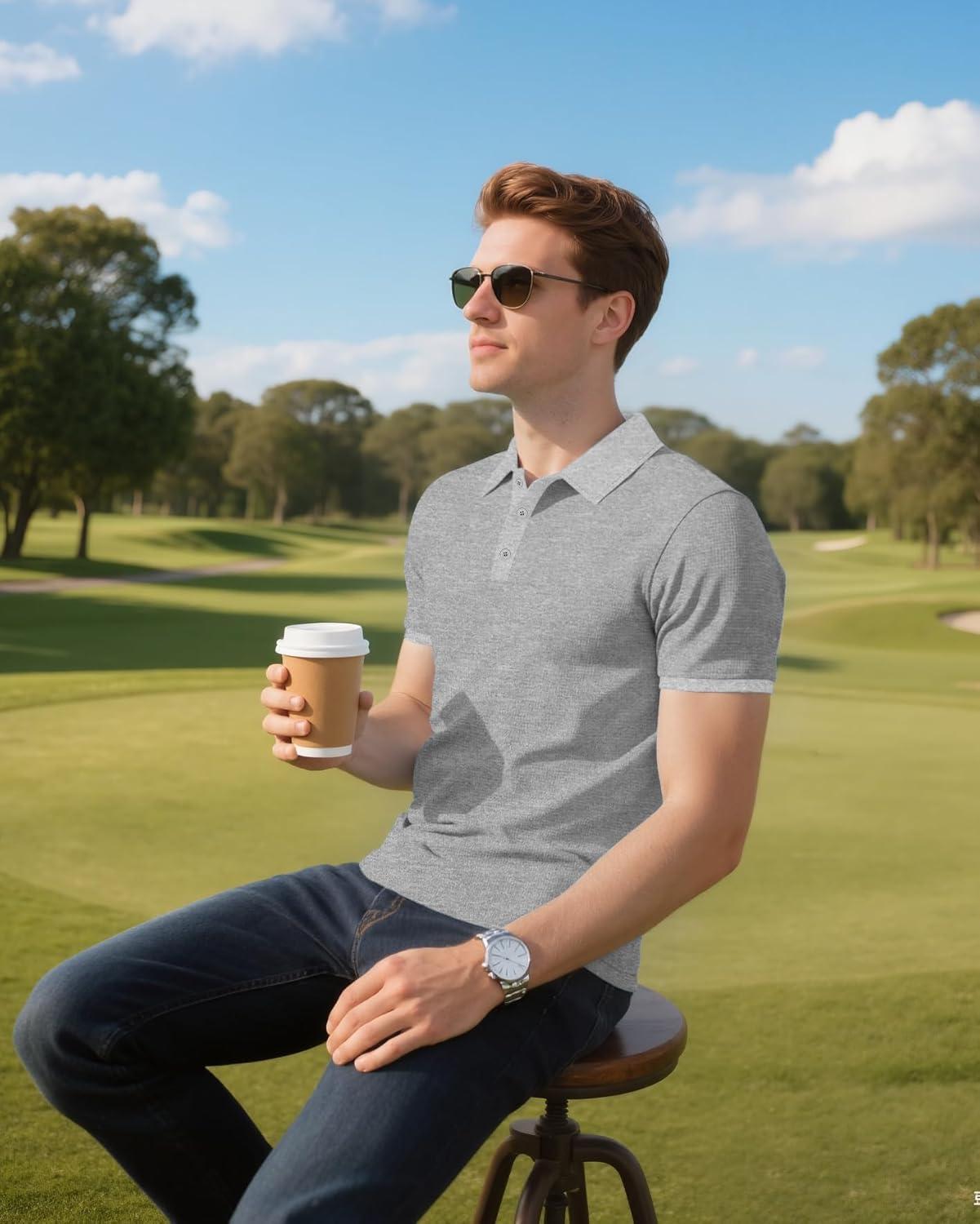 imageMens Polo Shirts 2 Pack Breathable Short Sleeve Golf Shirt Casual Button Down Shirt Lightweight Collared Waffle ShirtsBlackgrey